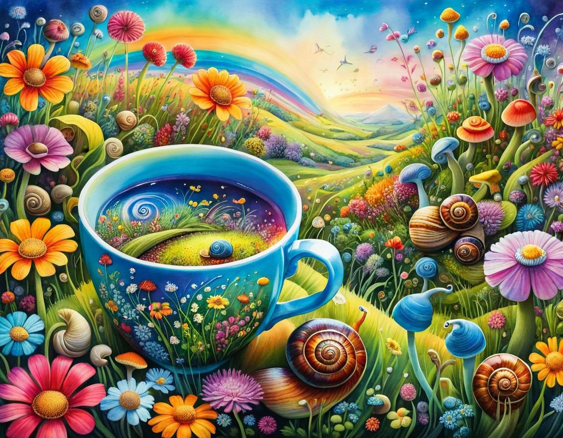 Surreal Meadow Teacup: A Watercolor Tiny World