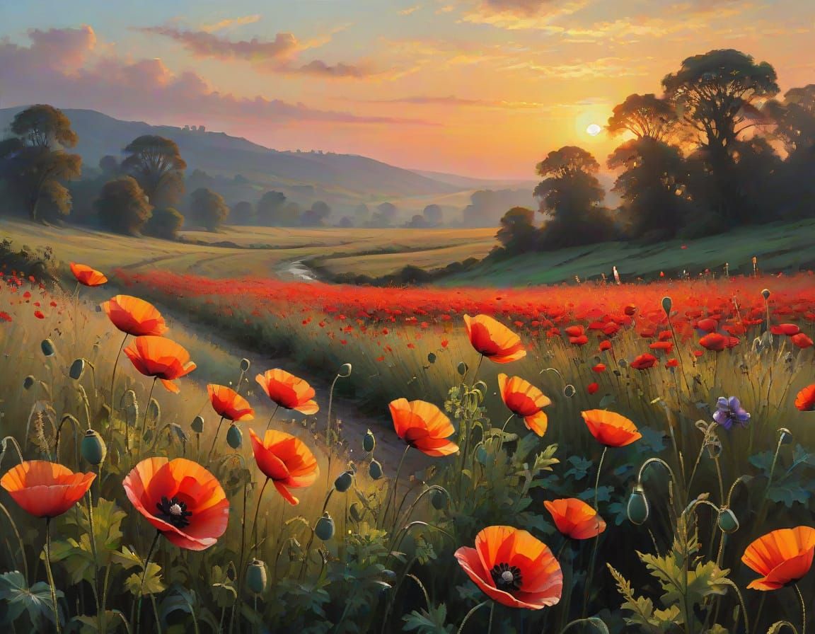 Vibrant Poppies in Golden Hour Light Oil Painting