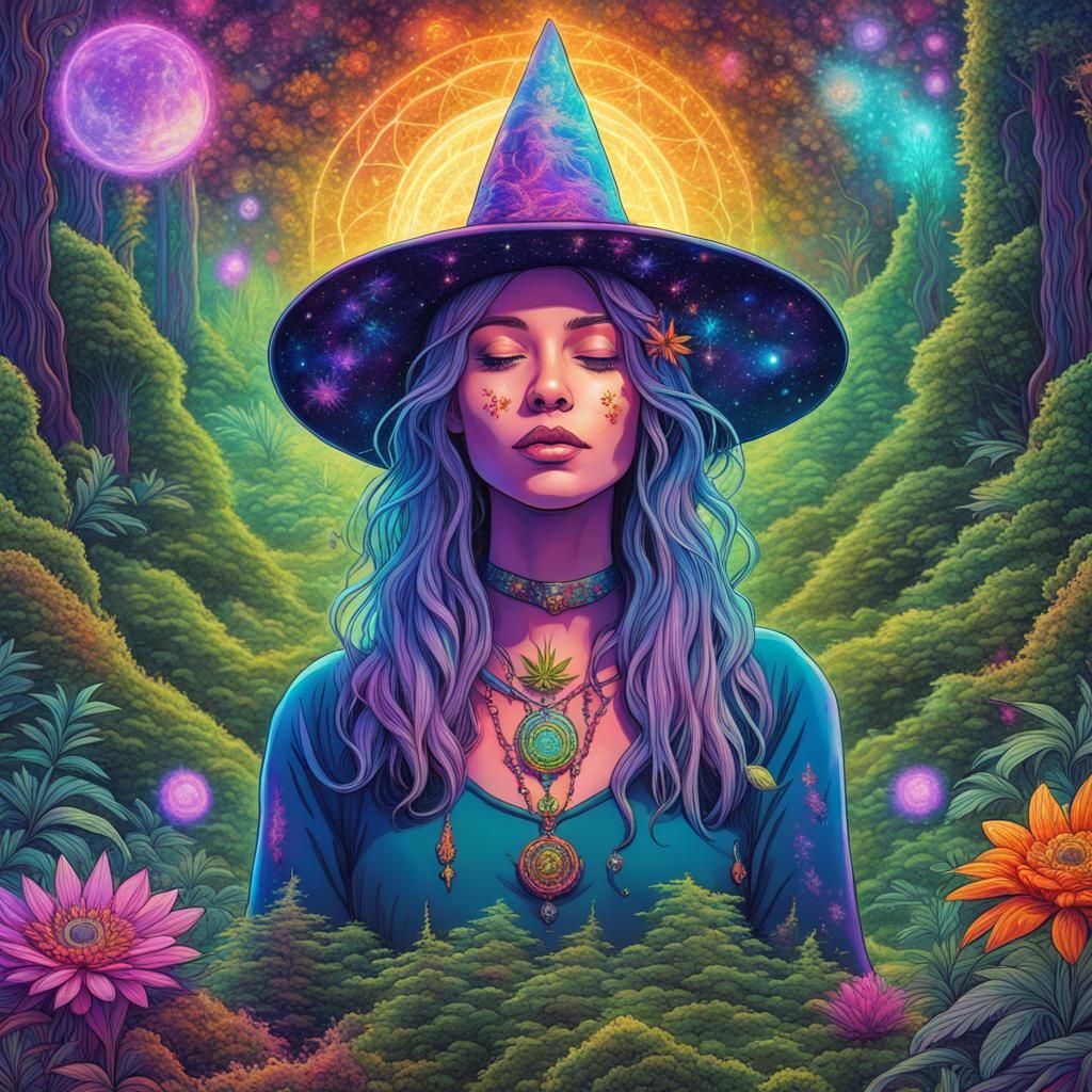 Psychedelic Witch Meditating in Sunny Forest