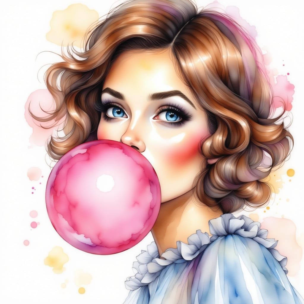 Watercolor Portrait of Woman Blowing Bubble Gum