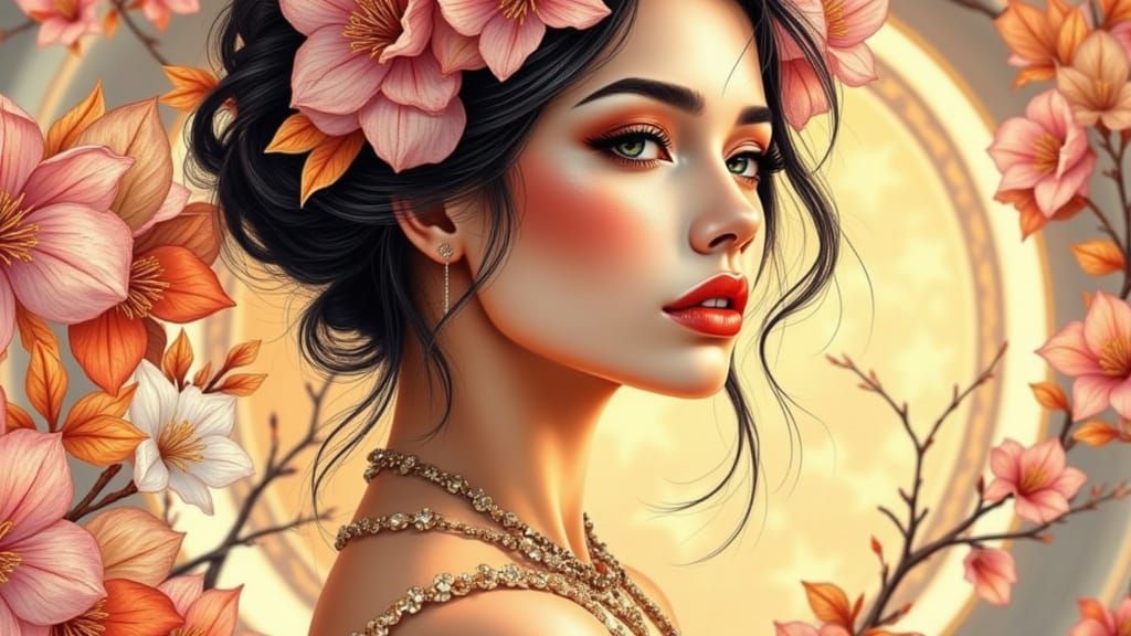 Ethereal Art Nouveau Beauty in Golden Light