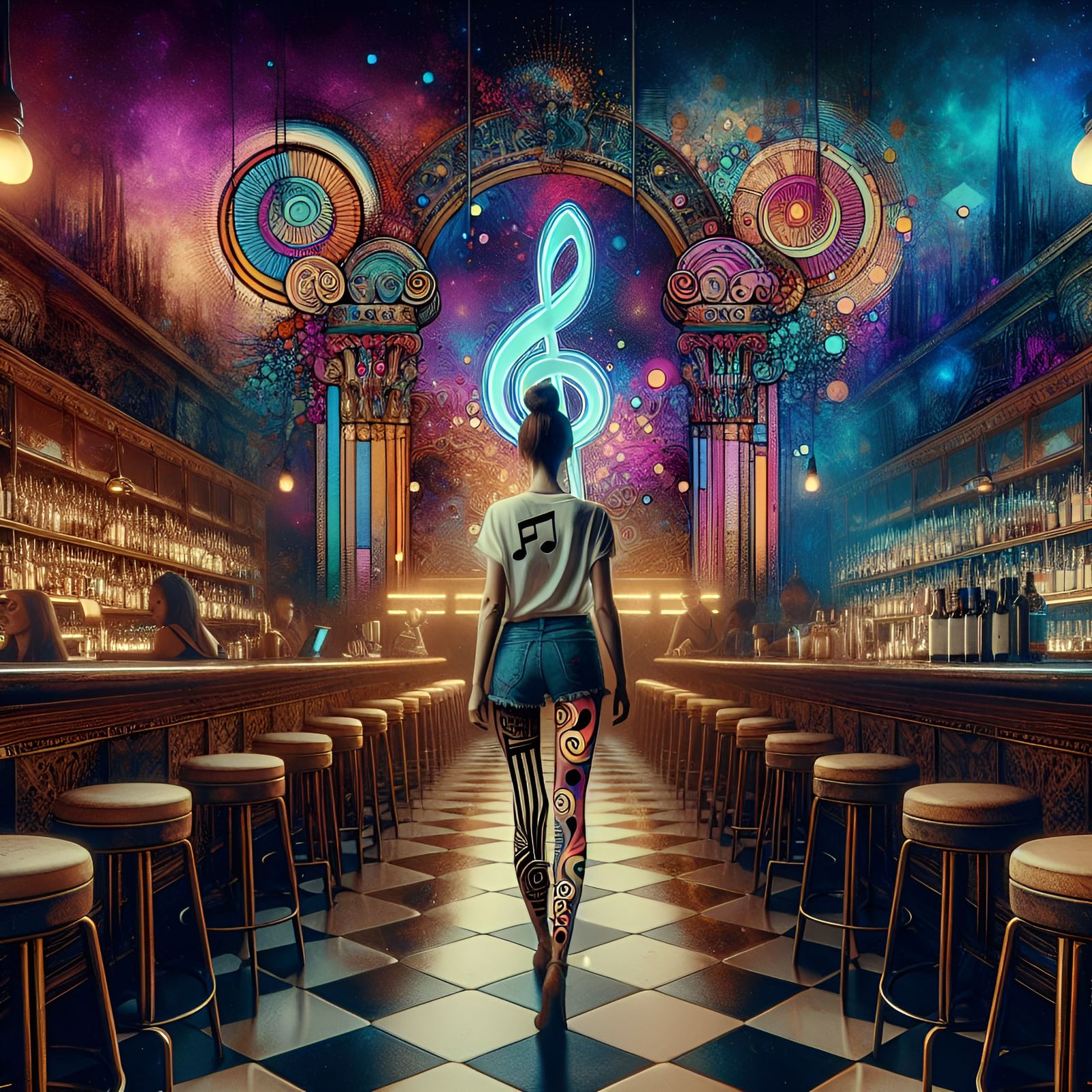 Psychedelic Bar Scene with Musical Tattoo, Digital Art