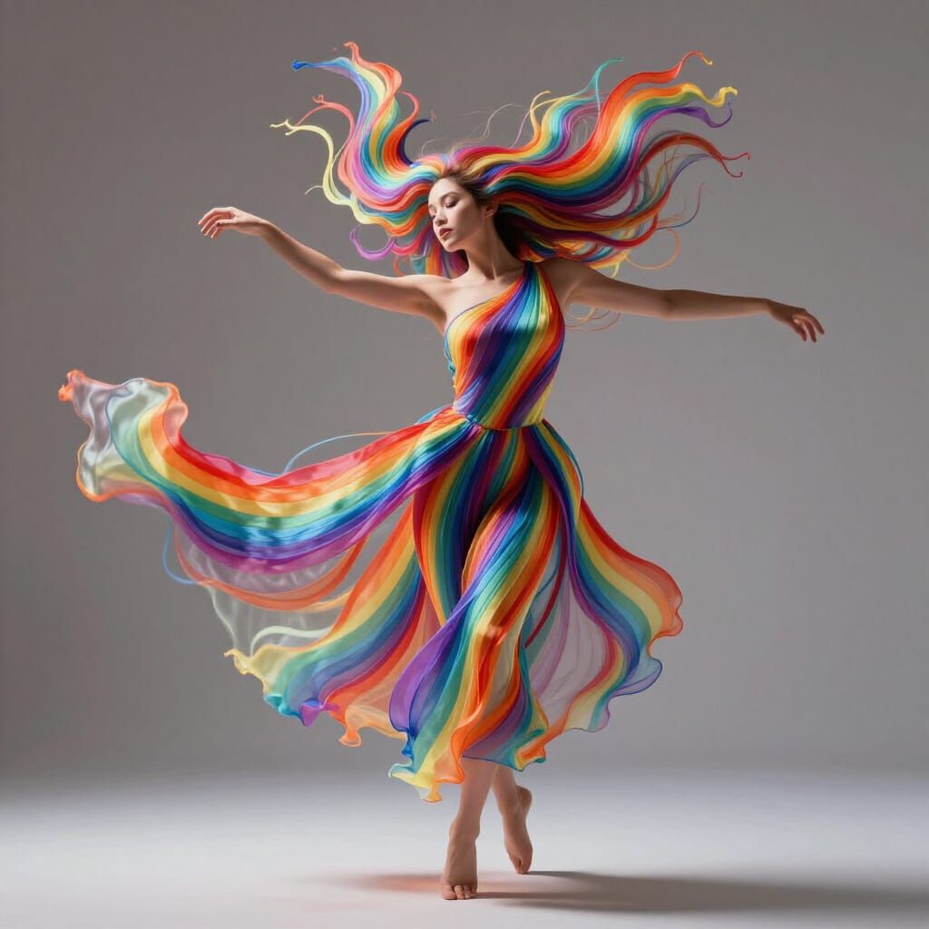 Graceful Female Figure in Swirling Rainbow Ribbons