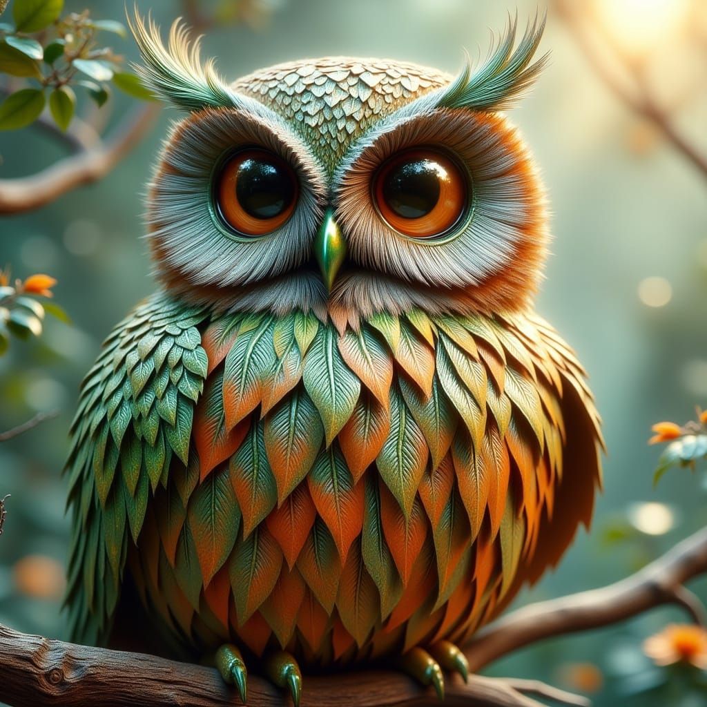 Polished Steel Owl with Leaf Feathers