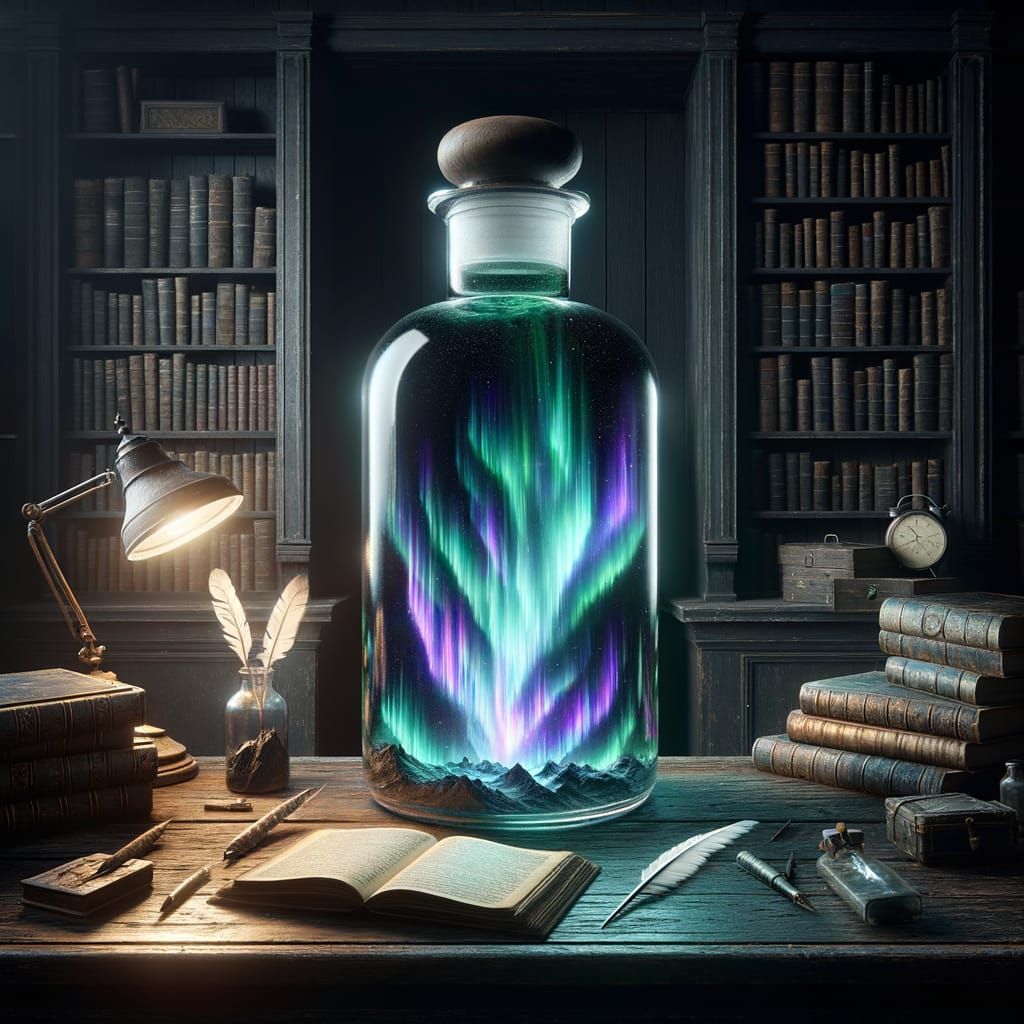 Aurora Jubilee in Bottle on Dark Academia Desk