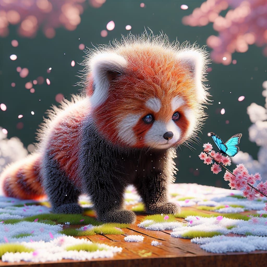 Hyper-Realistic Red Panda and Butterfly in Digital Art