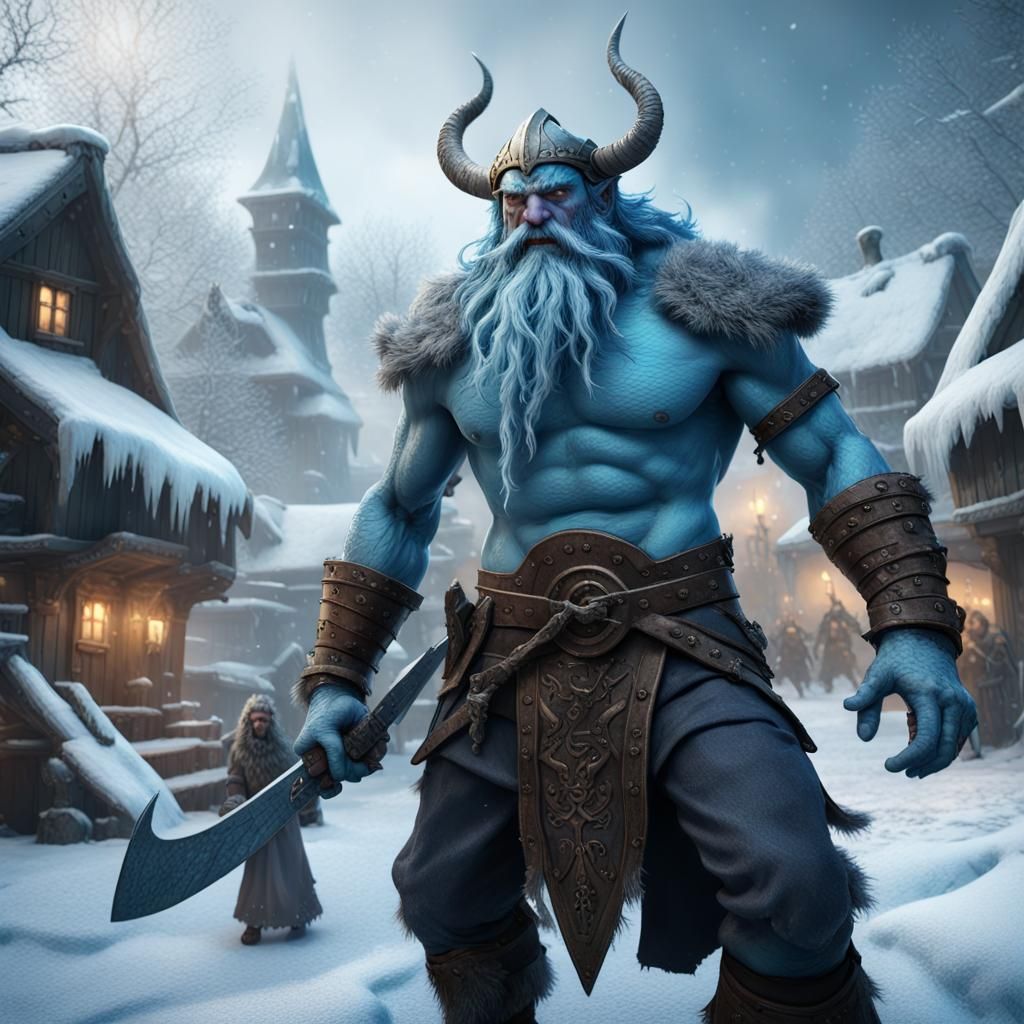 Frost Giant Vikings Battle Villagers with Ice Dragon