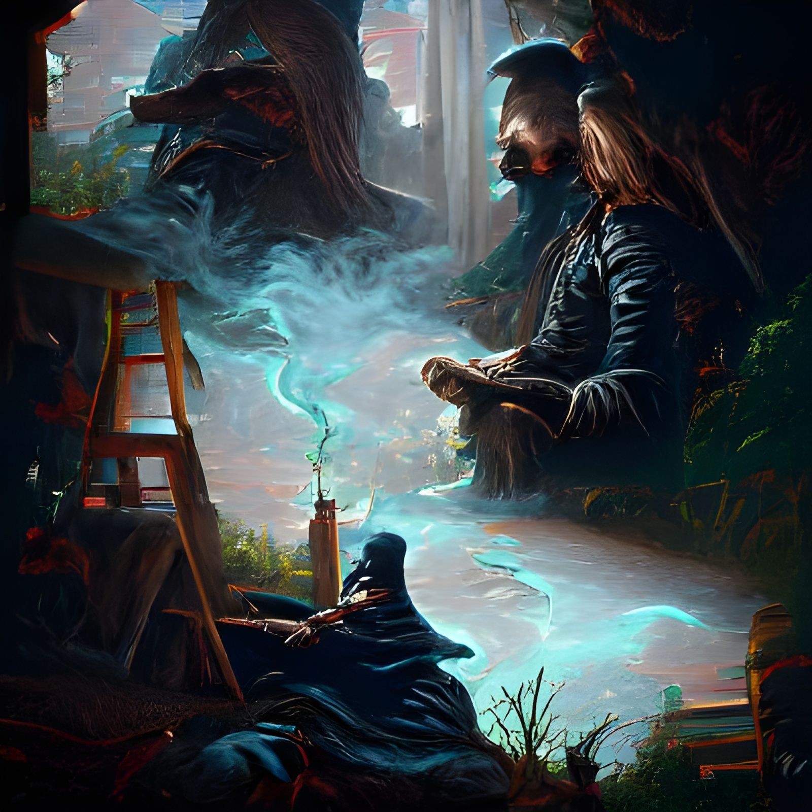 Fantasy Campfire Scene: Wizard and Assassin in Steampunk Sty...