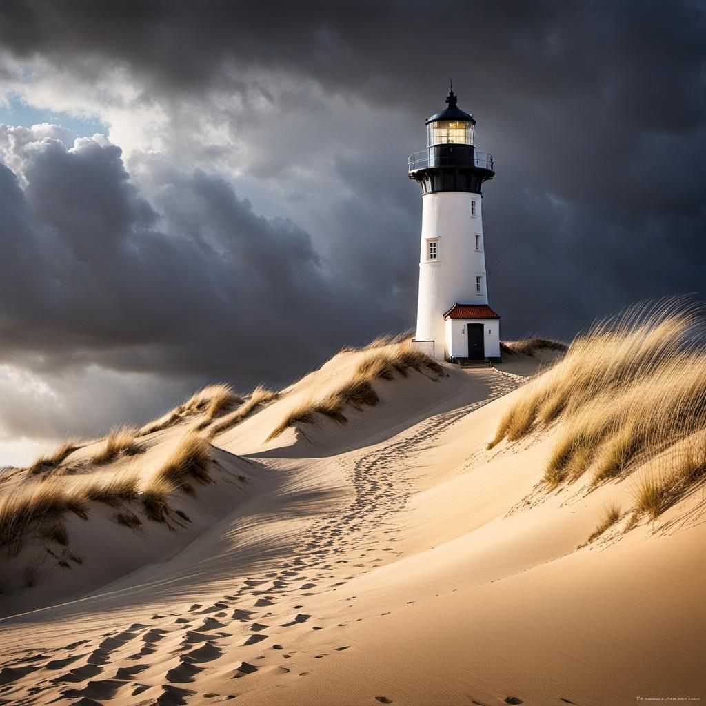 Lighthouse on Shifting Dunes in Stormy Weather