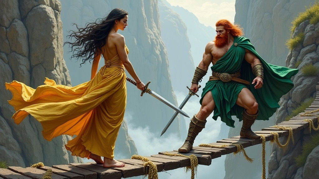 Fearless Warrior Woman Stands Tall on Rugged Bridge