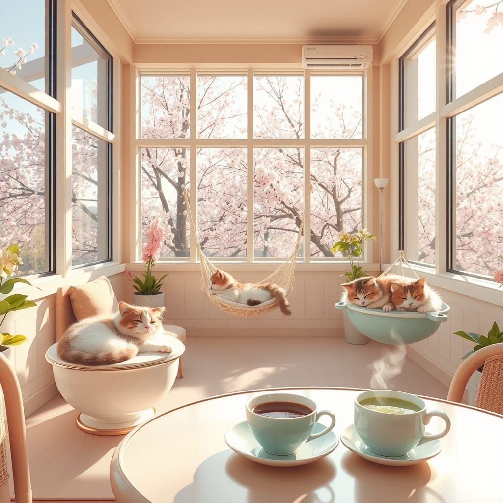 Whimsical Cat Café in Pastel Hues