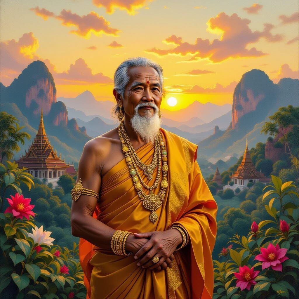 Wise Thai Elder at Sunset Mountain Landscape Oil Painting