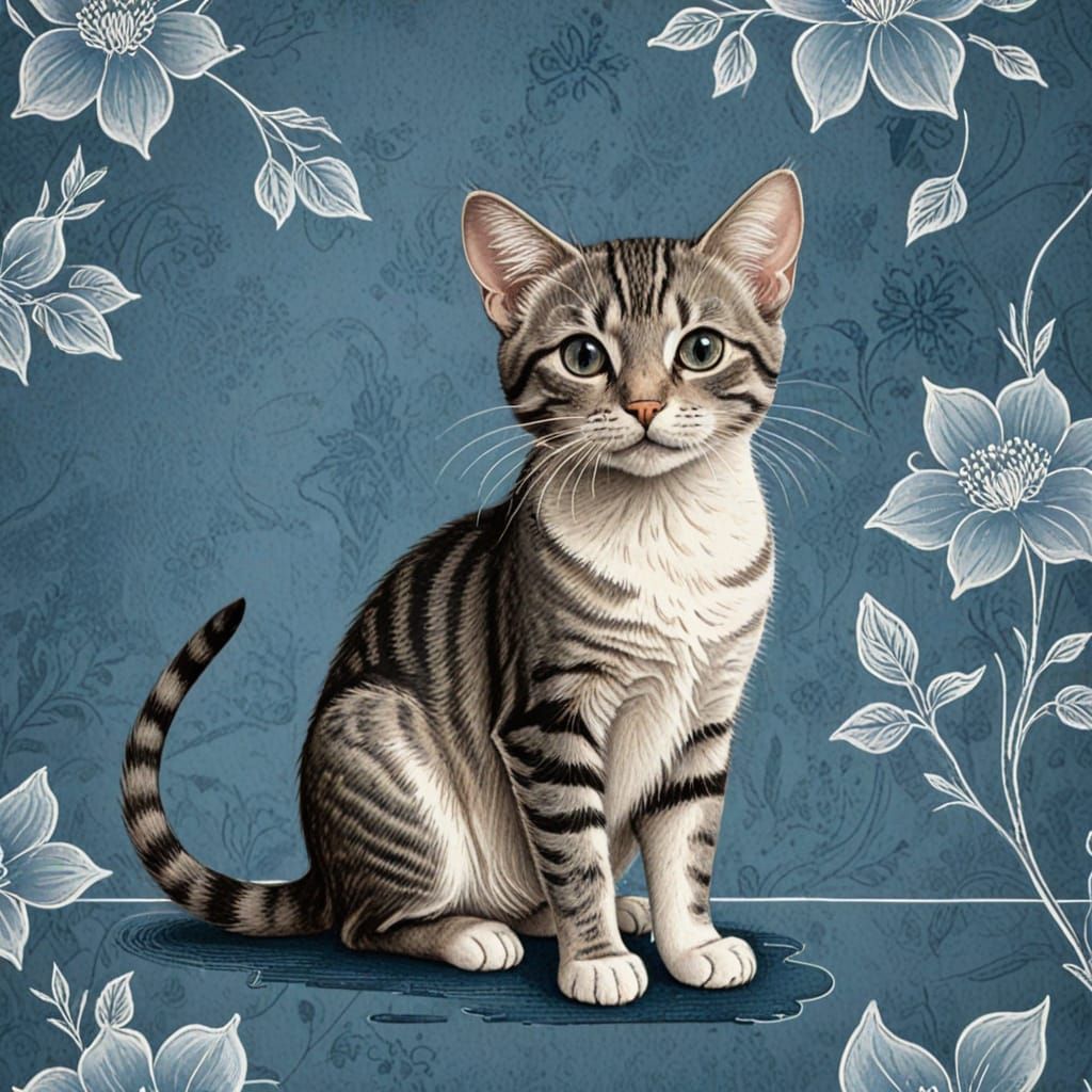 Vibrant Cartoon Cat on Floral Blue Background
