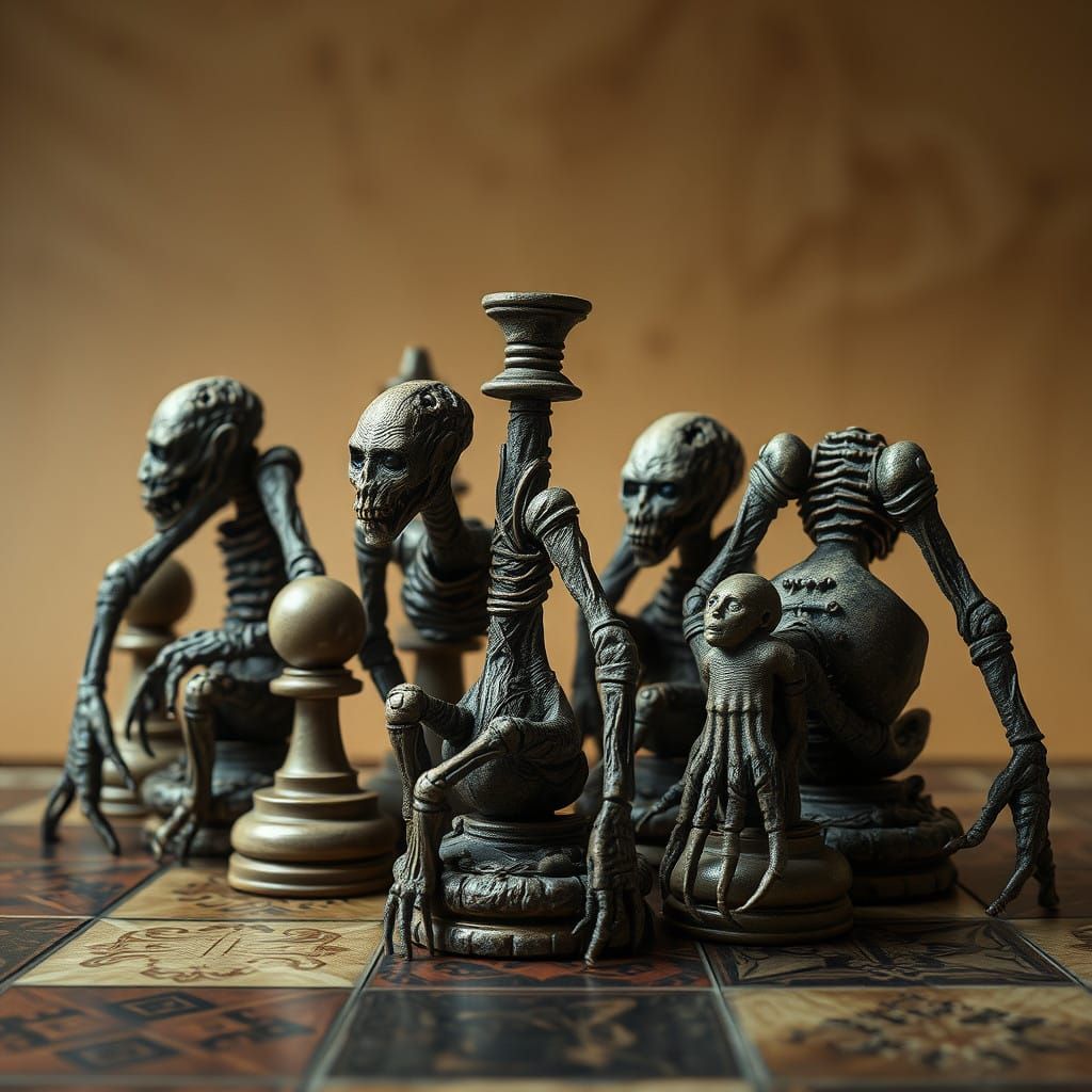 Grotesque, Twisted Humanoid Chess Pieces in a Dark, Surreal...