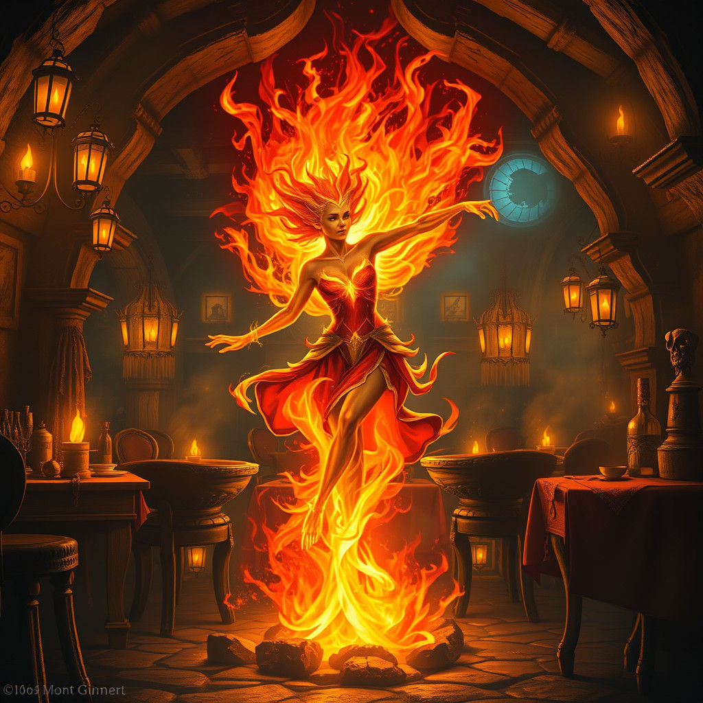 Fiery Ifrit Dances in Fantasy Tavern Hearth