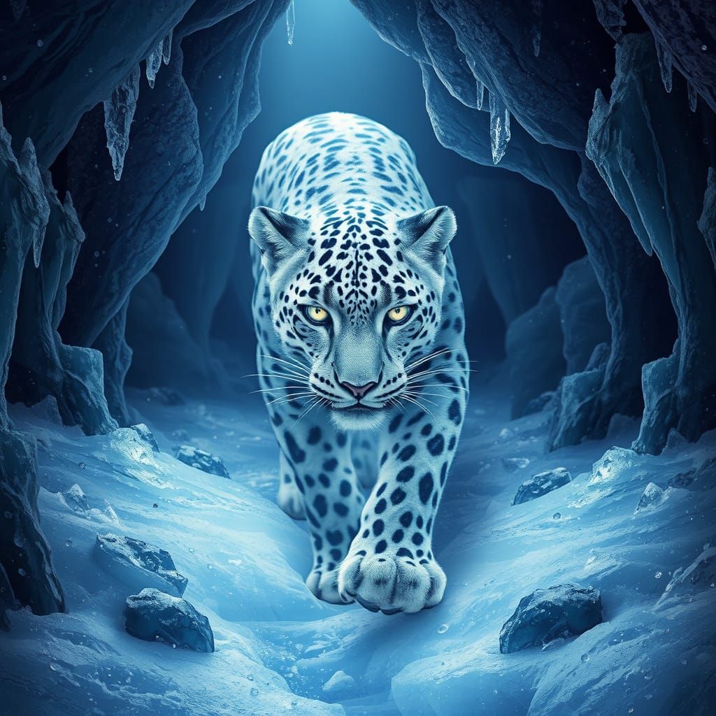 Ethereal Snow Leopard in Icy Cavern