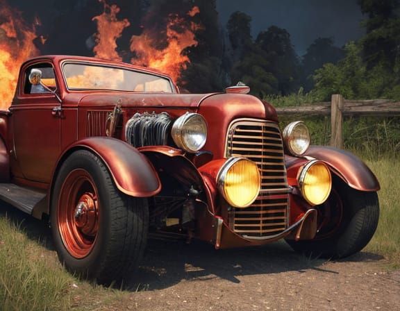 Surreal Retro-Futuristic Hot Rod Inferno in Comic Book Reali...
