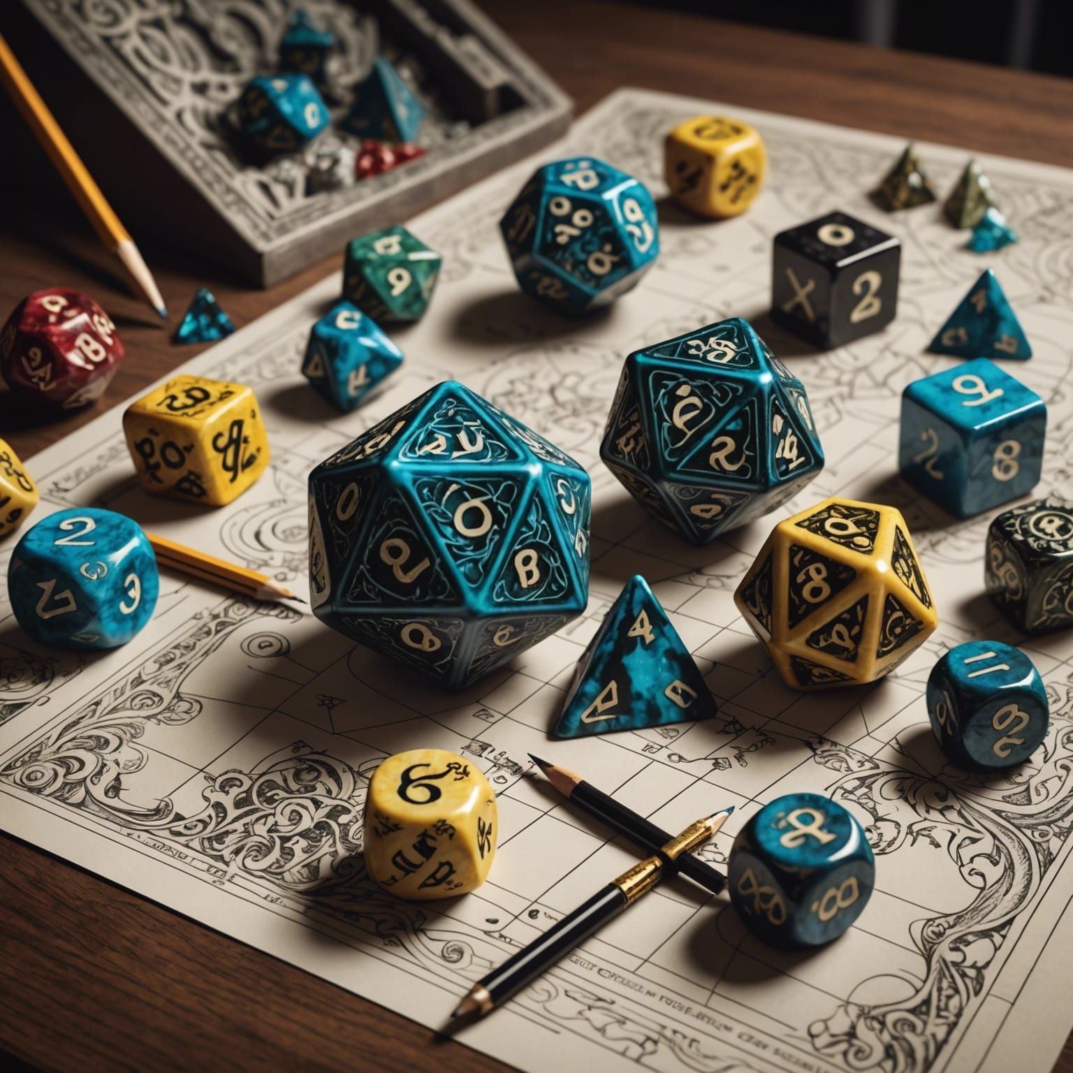 D&D Character Sheet with Dice and Miniatures