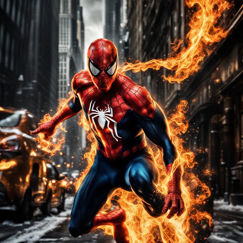 Hyperrealistic Spiderman and Human Torch Hybrid