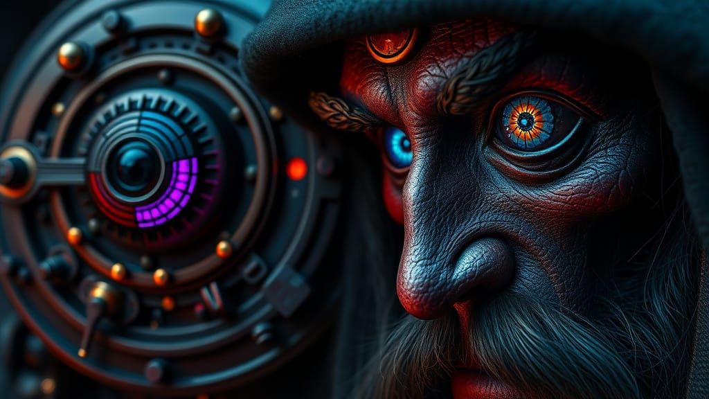 Dark Cinematic Masterpiece: Clockwork Wizard in Vivid Colors