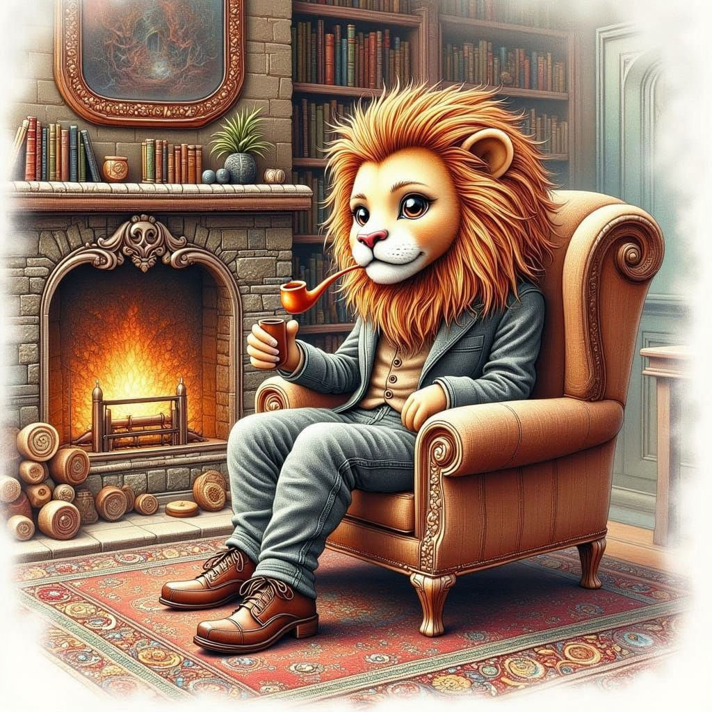 Anthropomorphic Lion in Tweed Suit, Watercolor Art