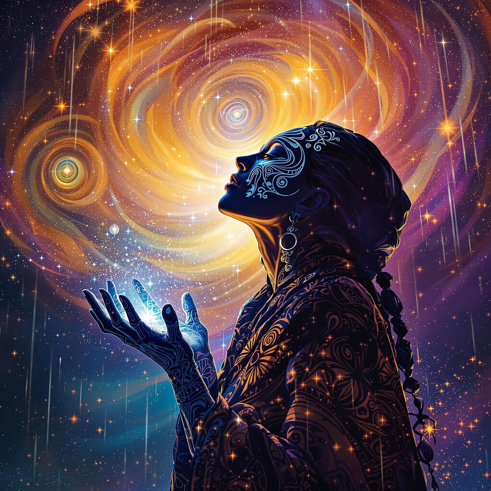 Maori Woman Silhouetted Against Cosmic Galaxy