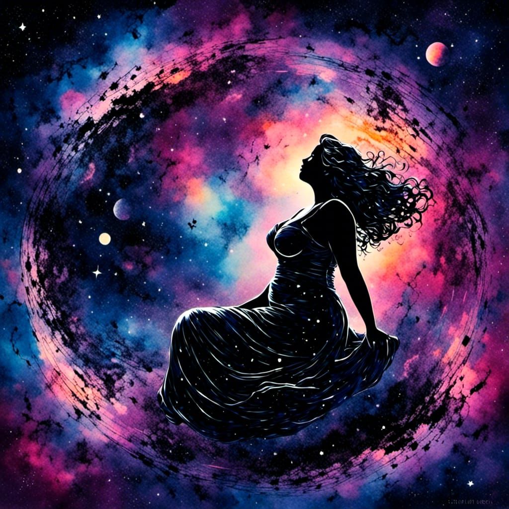 Curvy Silhouette Floating in Neon Galaxy Void