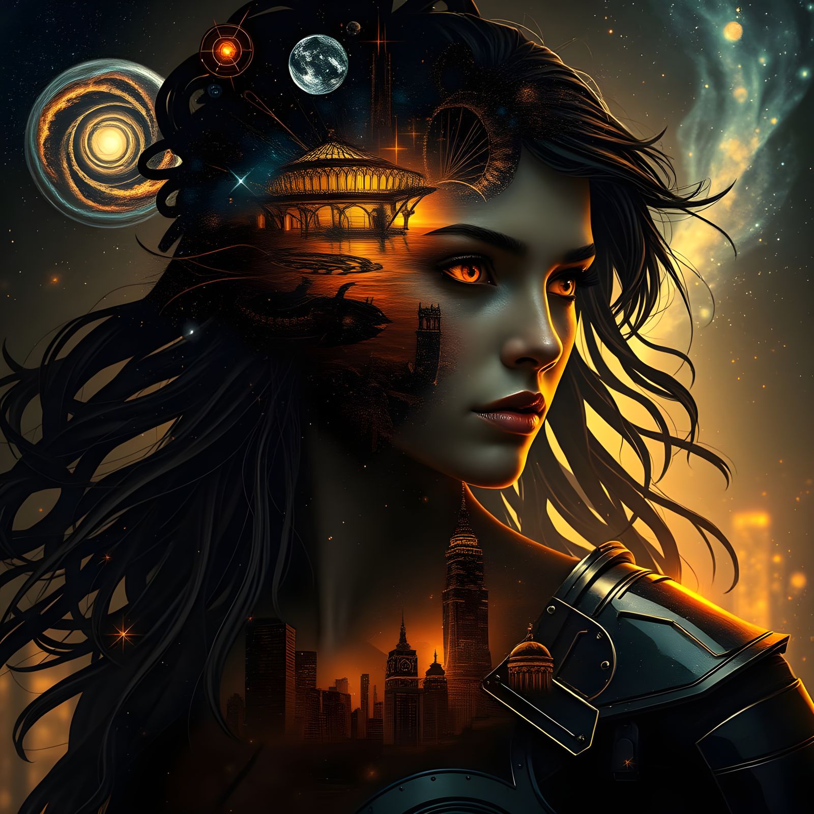 Surrealist Warrior Goddess in Cosmic Nebula