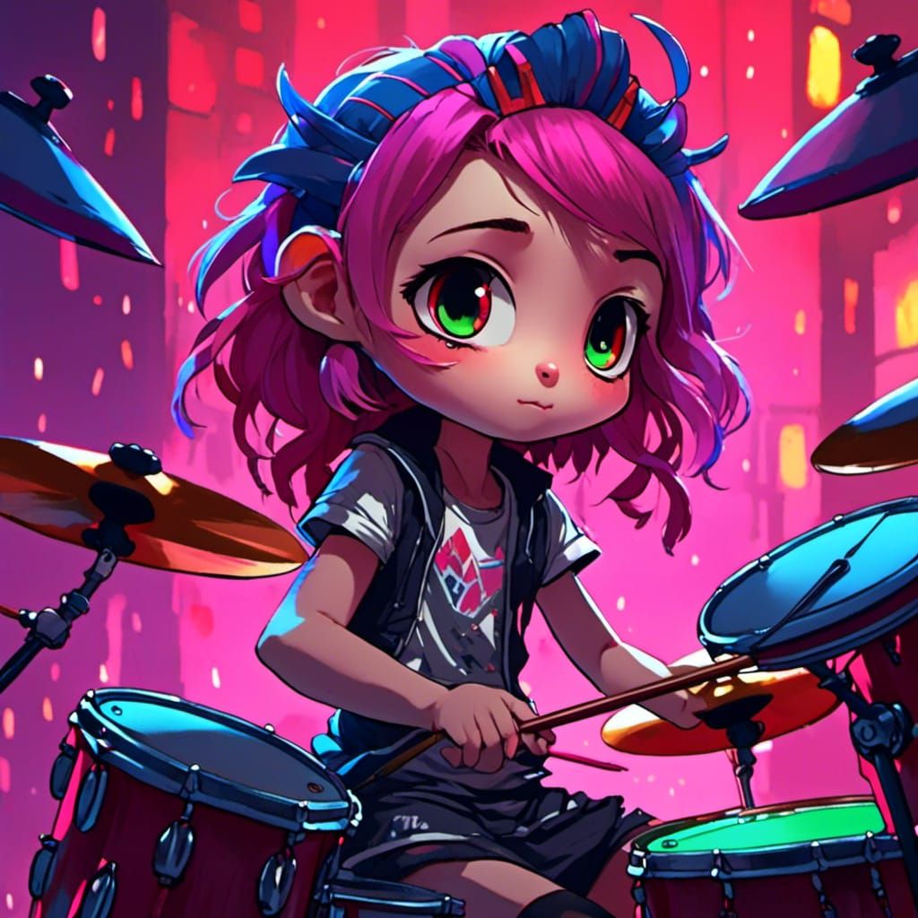 Chibi Drummer Girl with Neon Punk Drumsticks
