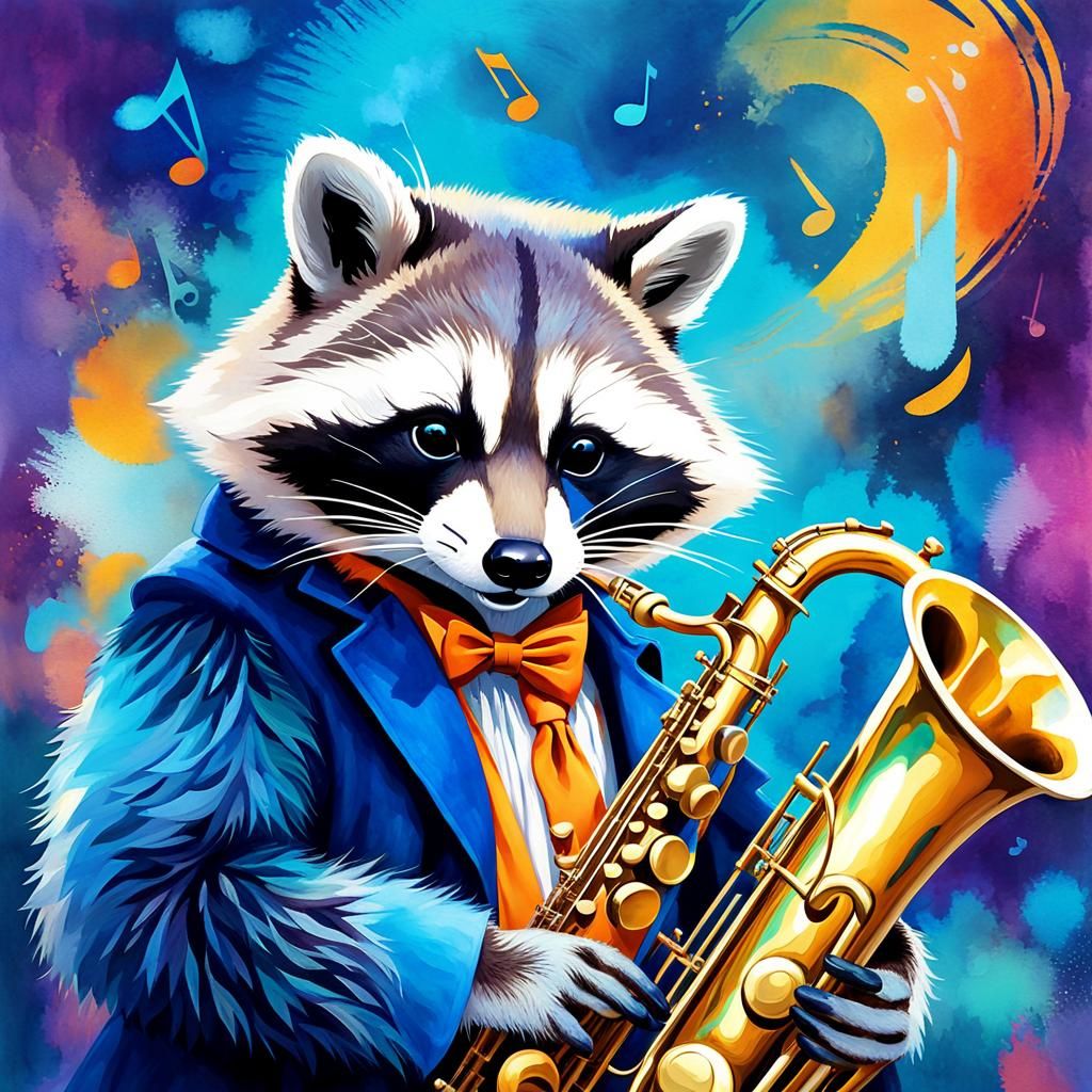 Raccoon Saxophonist in Surreal Jazz Scene