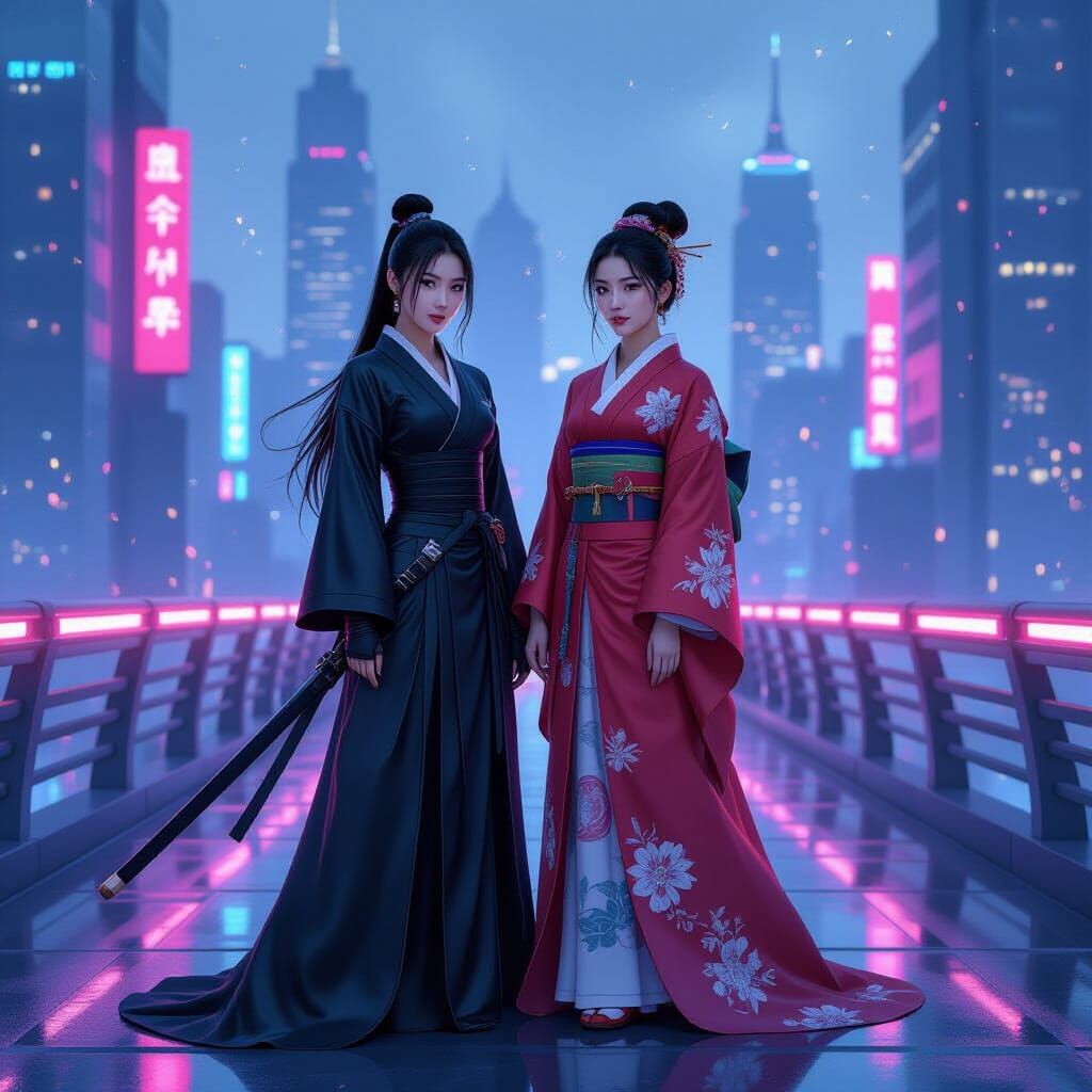 Ninja and Korean Woman on Futuristic Bridge in Aquarell