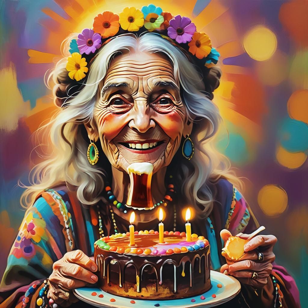 Whimsical silly hippie old girl with chocolate Happy Birthda...