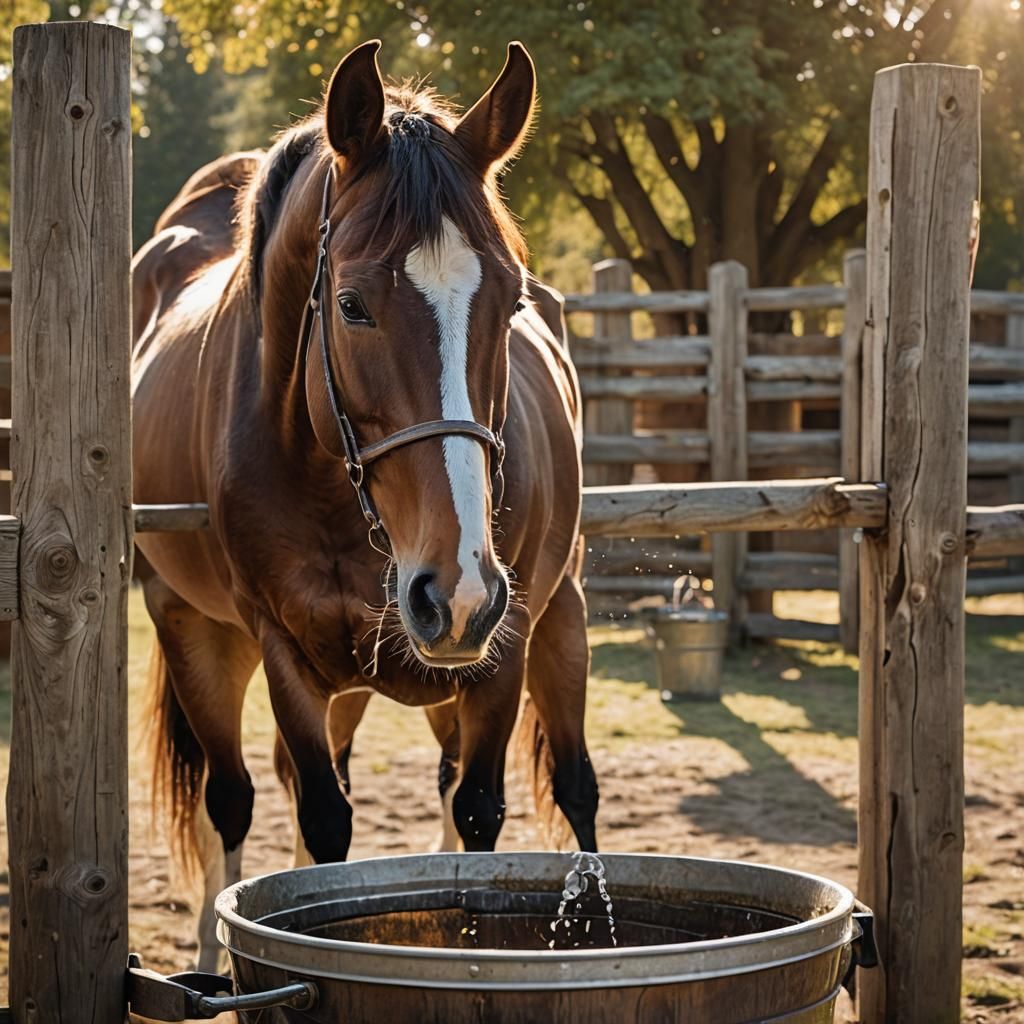 Equine Portrait: Horse Drinking Water in Sunlight