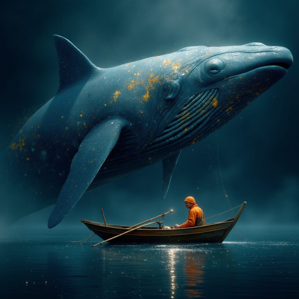 Whale and Fisherman Chat in Dark Ocean