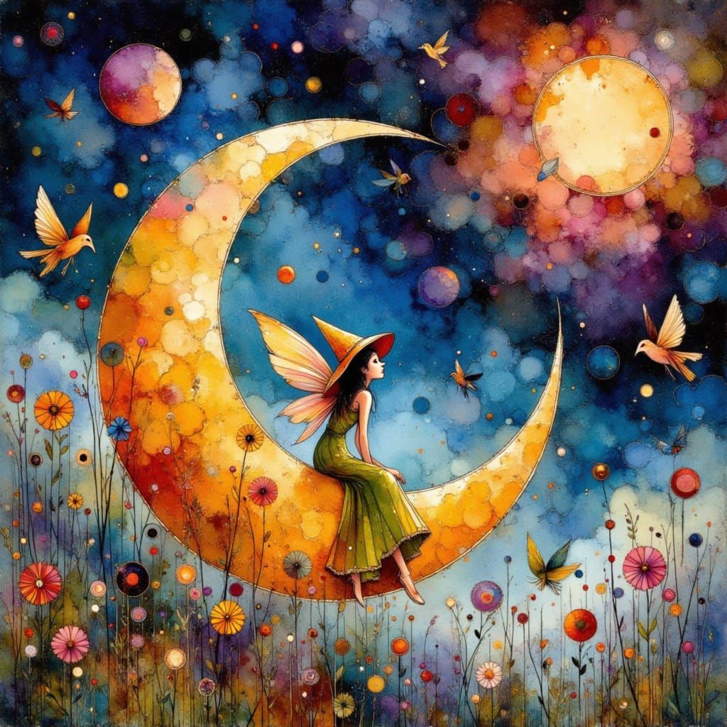 Surreal Pixie Sits on Crescent Moon in Vibrant Fine Art