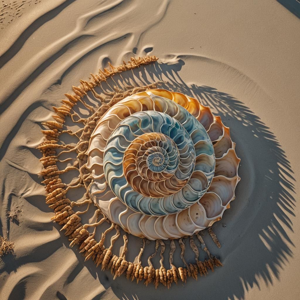 Nautilus Shell Mandala at Sunset: Hyperrealistic HDR Photo