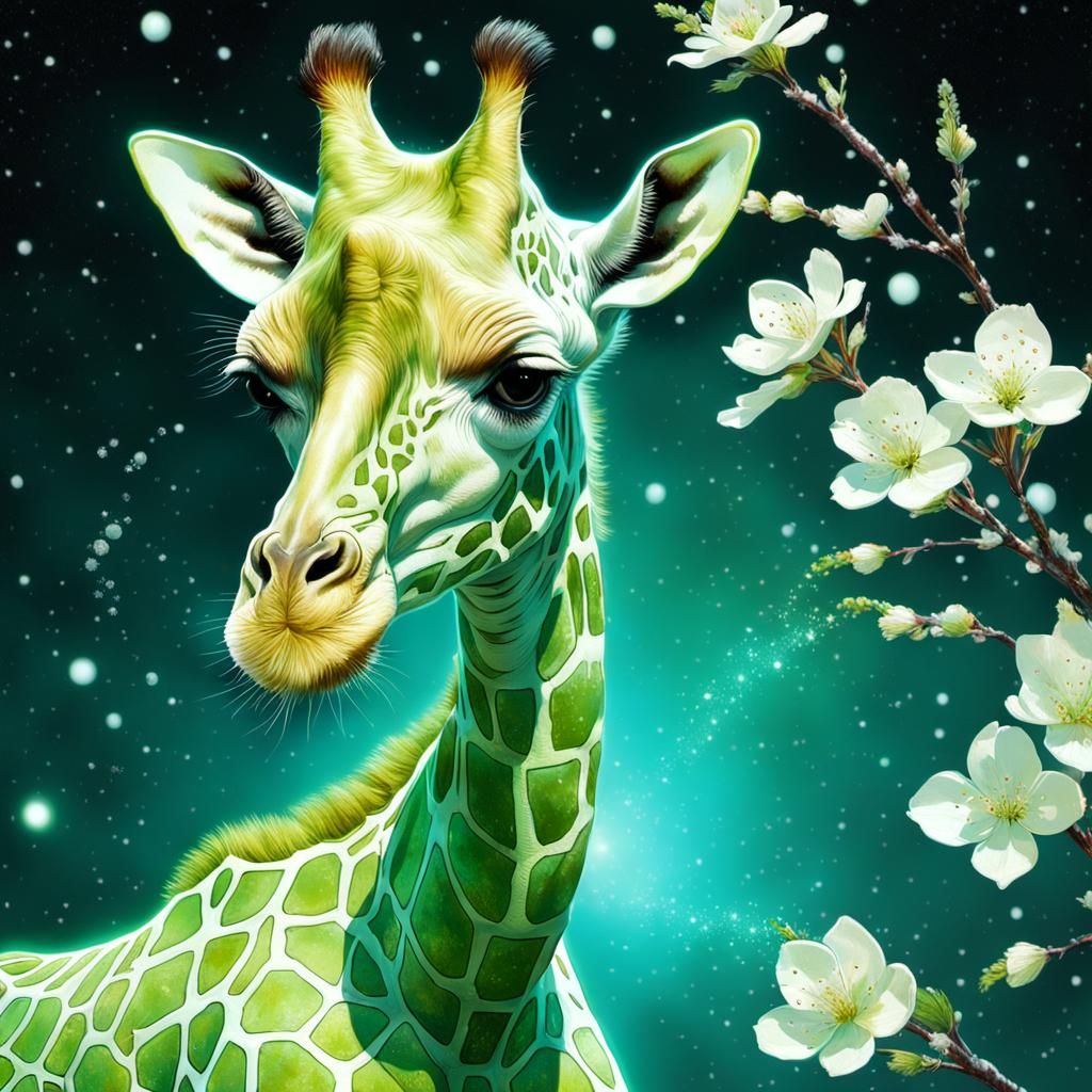 Bioluminescent Giraffe in Spring Blossom, Detailed Painting