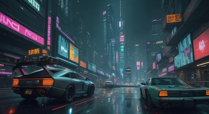Cyberpunk Cityscape at Dusk in Neon Lighting
