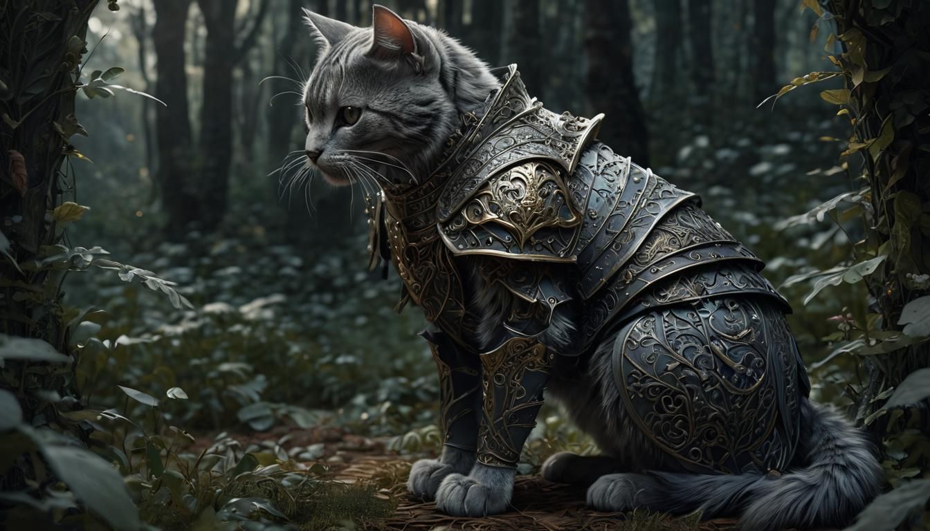 Cat Knight in Gothic Forest, Fantasy Illustration