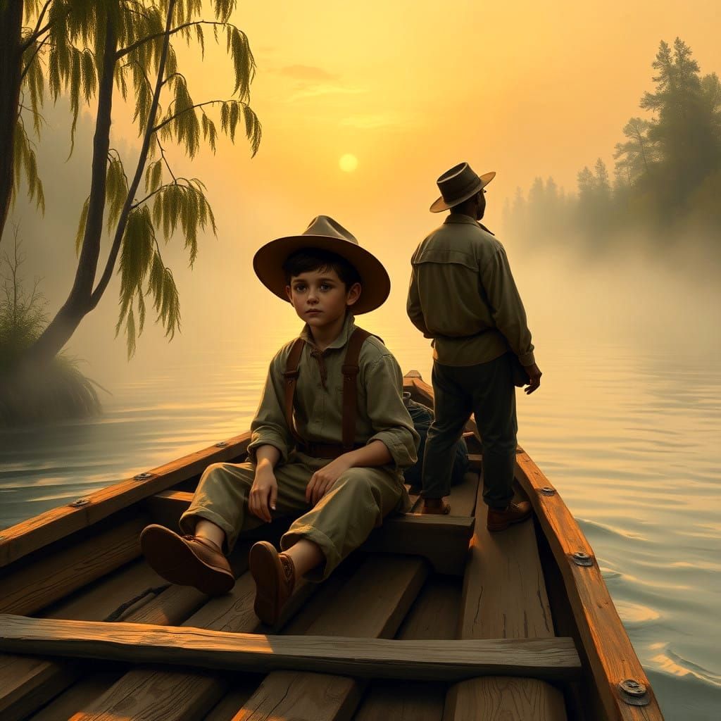Huckleberry Finn in the Mississippi Fog: A Timeless Oil Pain...