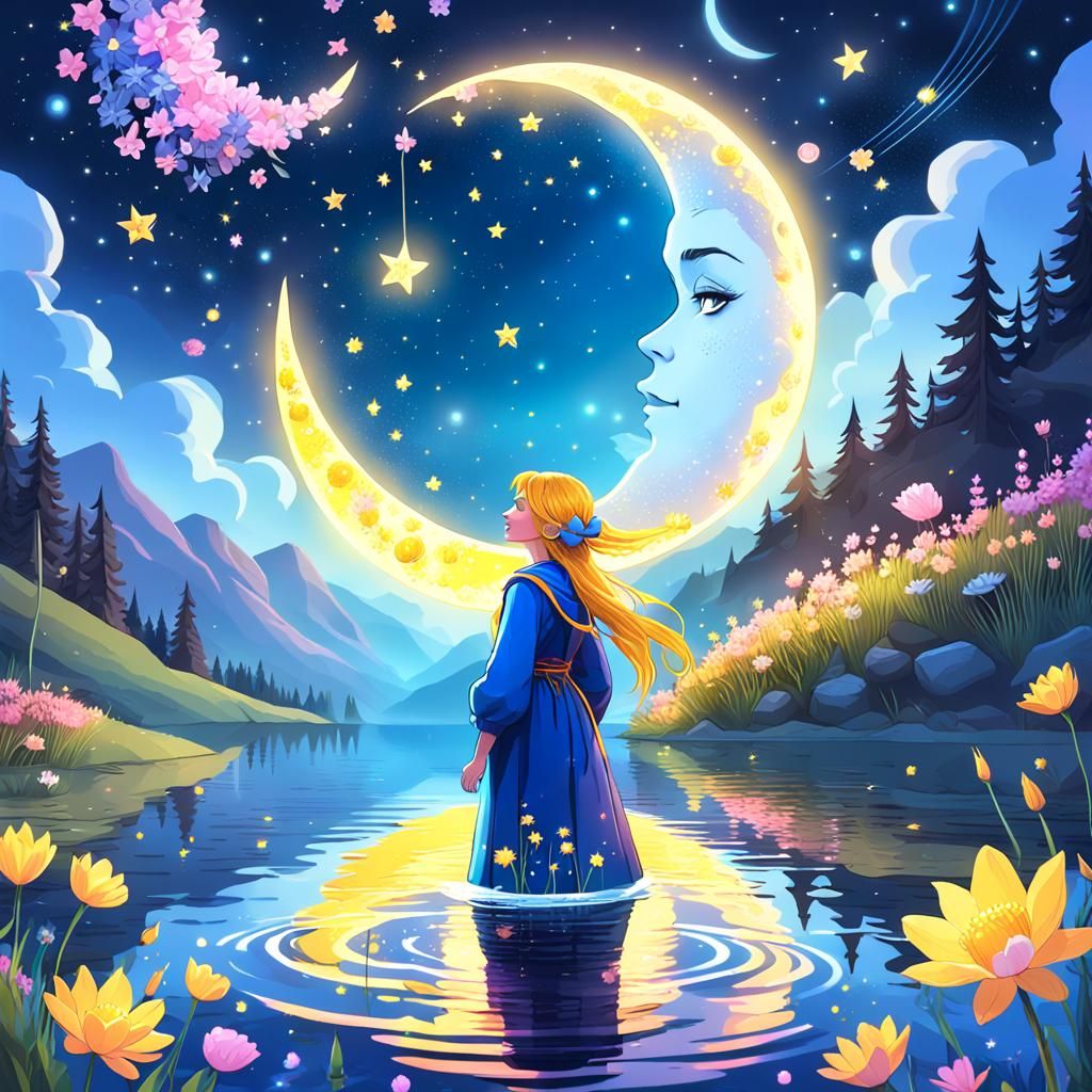 Moon Woman Scattering Flowers: Fairytale Digital Art