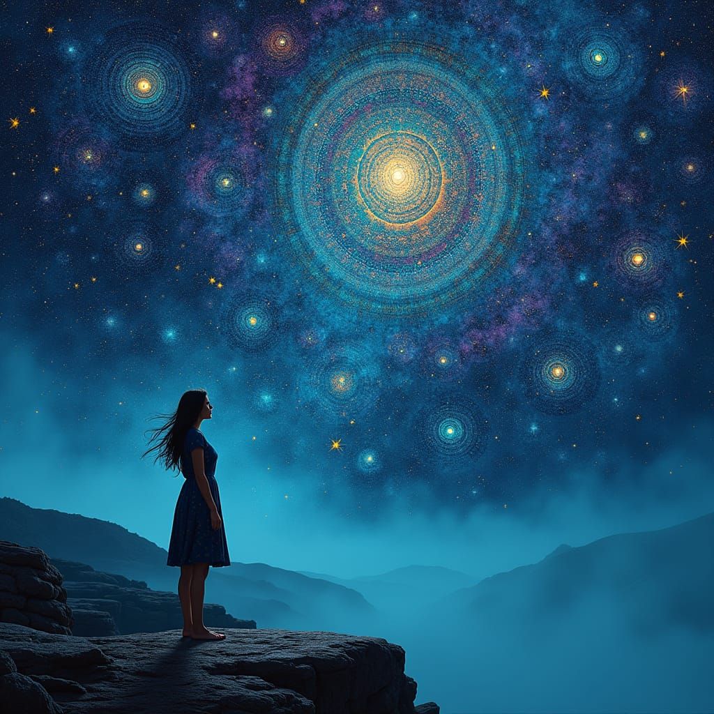 Tessellated Night Sky Over Misty Cliff