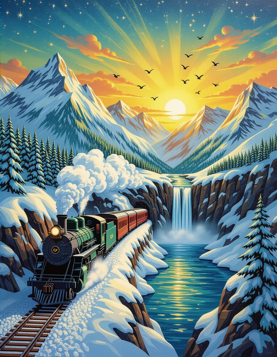 Snowy Mountain Train Journey at Golden Sunset