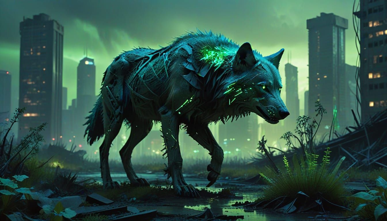 Bioluminescent Wolf in Post-Apocalyptic City