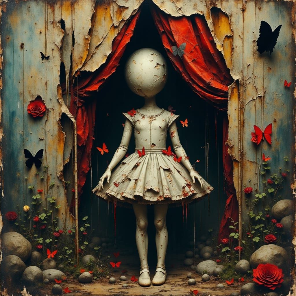 Surreal Porcelain Doll in Twisted Carnival Tent