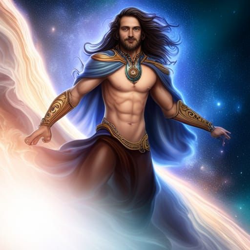 Cosmic Titan God Juggling Planets in Space