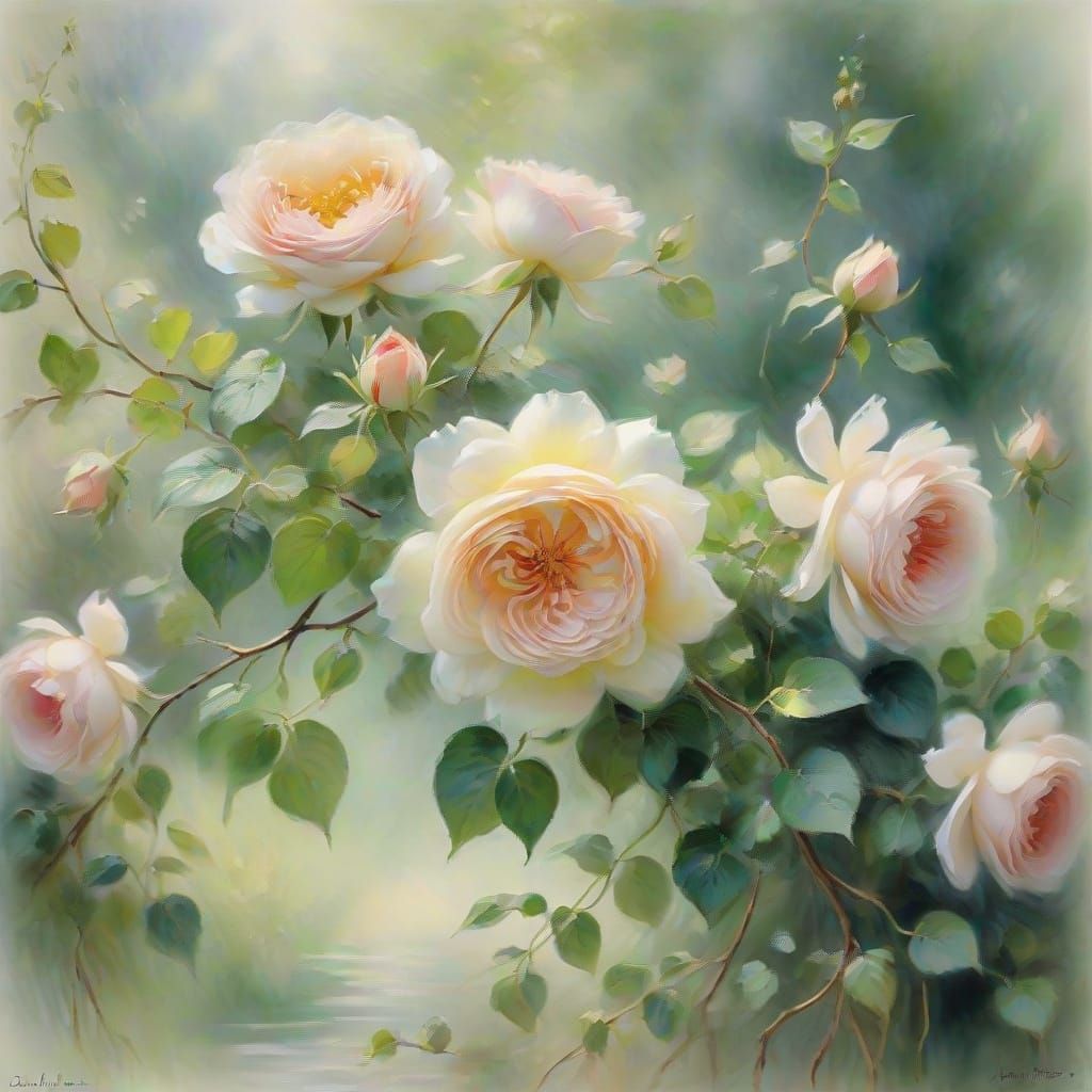 Impressionist Watercolor Heart Blooms with Soft, Delicate Pe...