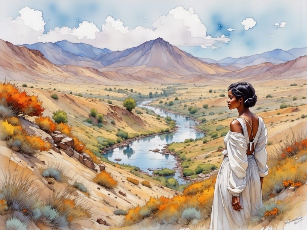 Tabernas Desert River in Hyperrealistic Watercolor