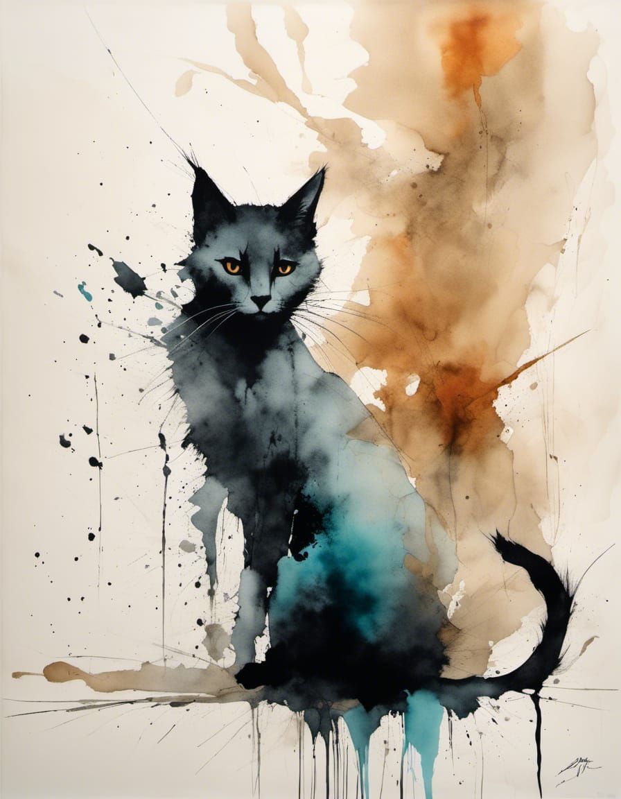 Watercolor Cat Catching Dragonfly in Japanese Style