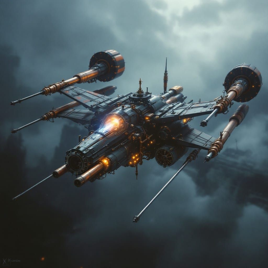 Steampunk X-Wing Fighter Soars in Foggy Victorian London